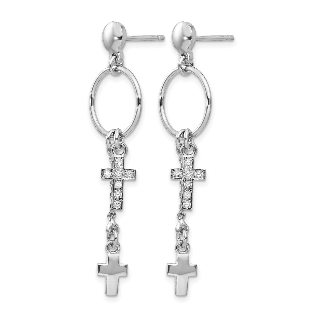 Sterling Silver Cross Dangle Earrings with Cubic Zirconia and Plain Double Cross Design