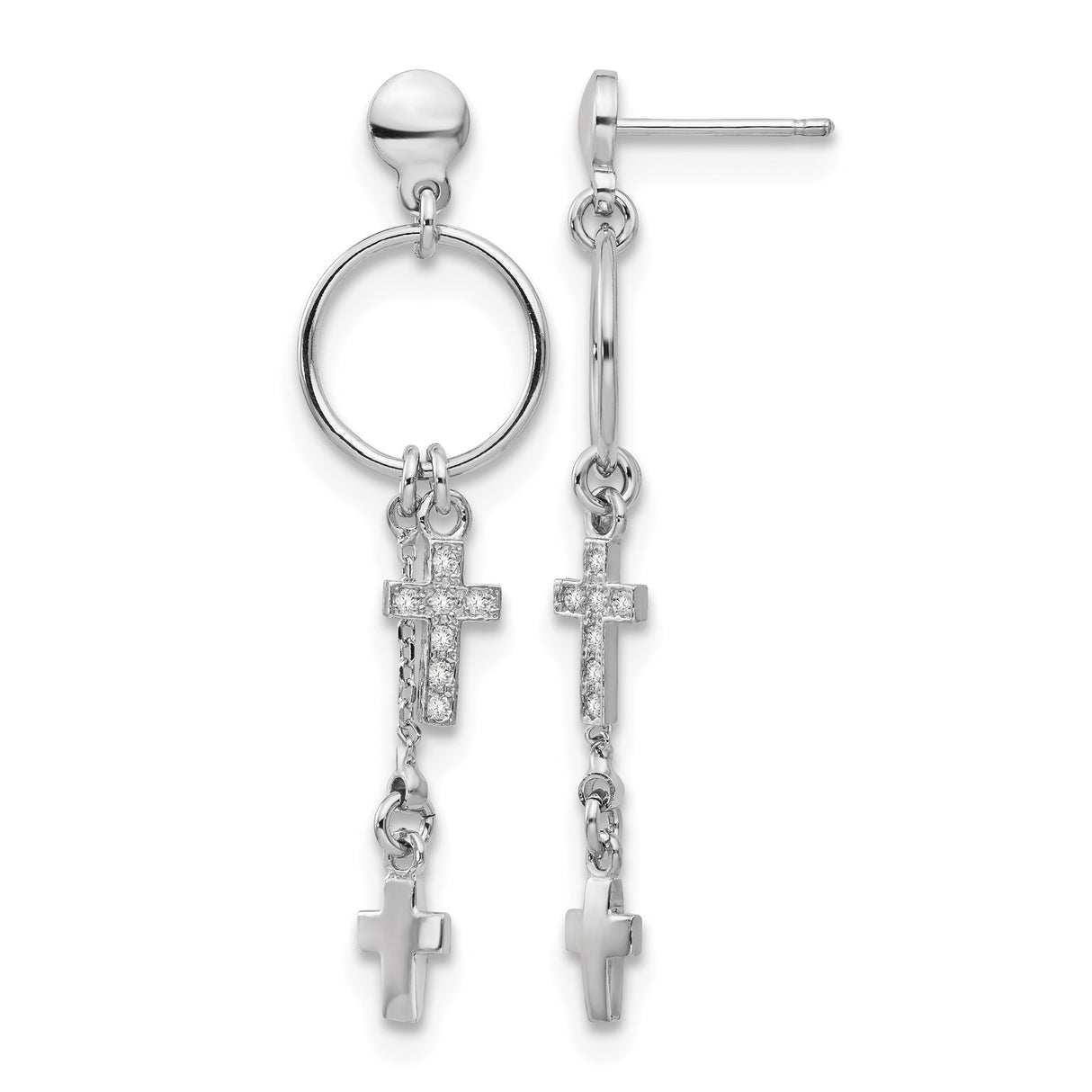 Sterling Silver Cross Dangle Earrings with Cubic Zirconia and Plain Double Cross Design