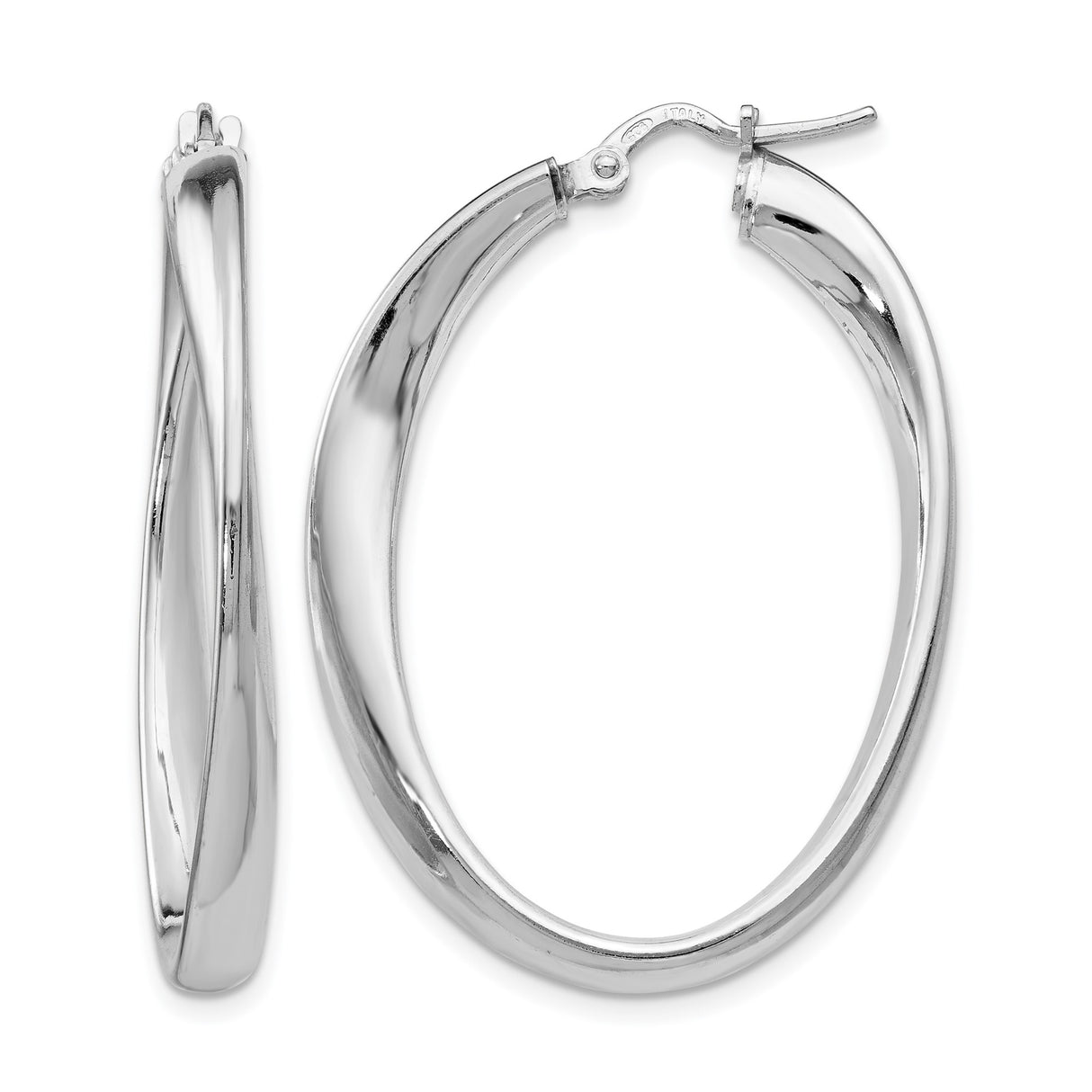 Sterling Silver Twisted Oval Hoop Earrings, Sleek Polished Finish, Lightweight Modern Design