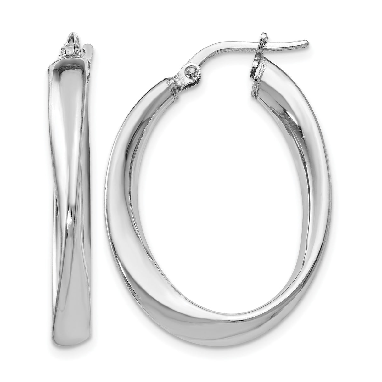 Sterling Silver Twisted Oval Hoop Earrings with Hinged Snap Closure and High Polish Finish