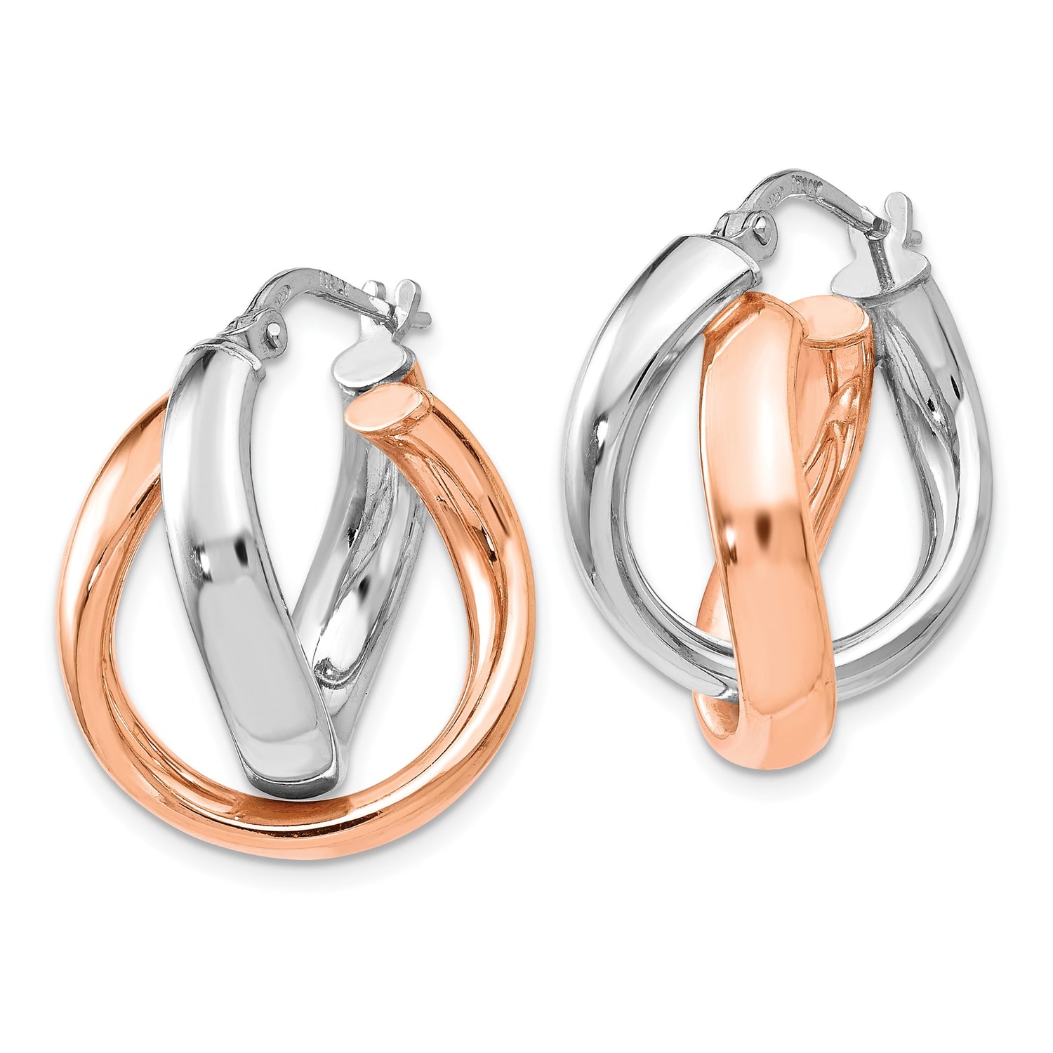 Sterling Silver Hoop Earrings with Two Tone Twisted Bands, Rose Gold Plated Accents, Modern Style