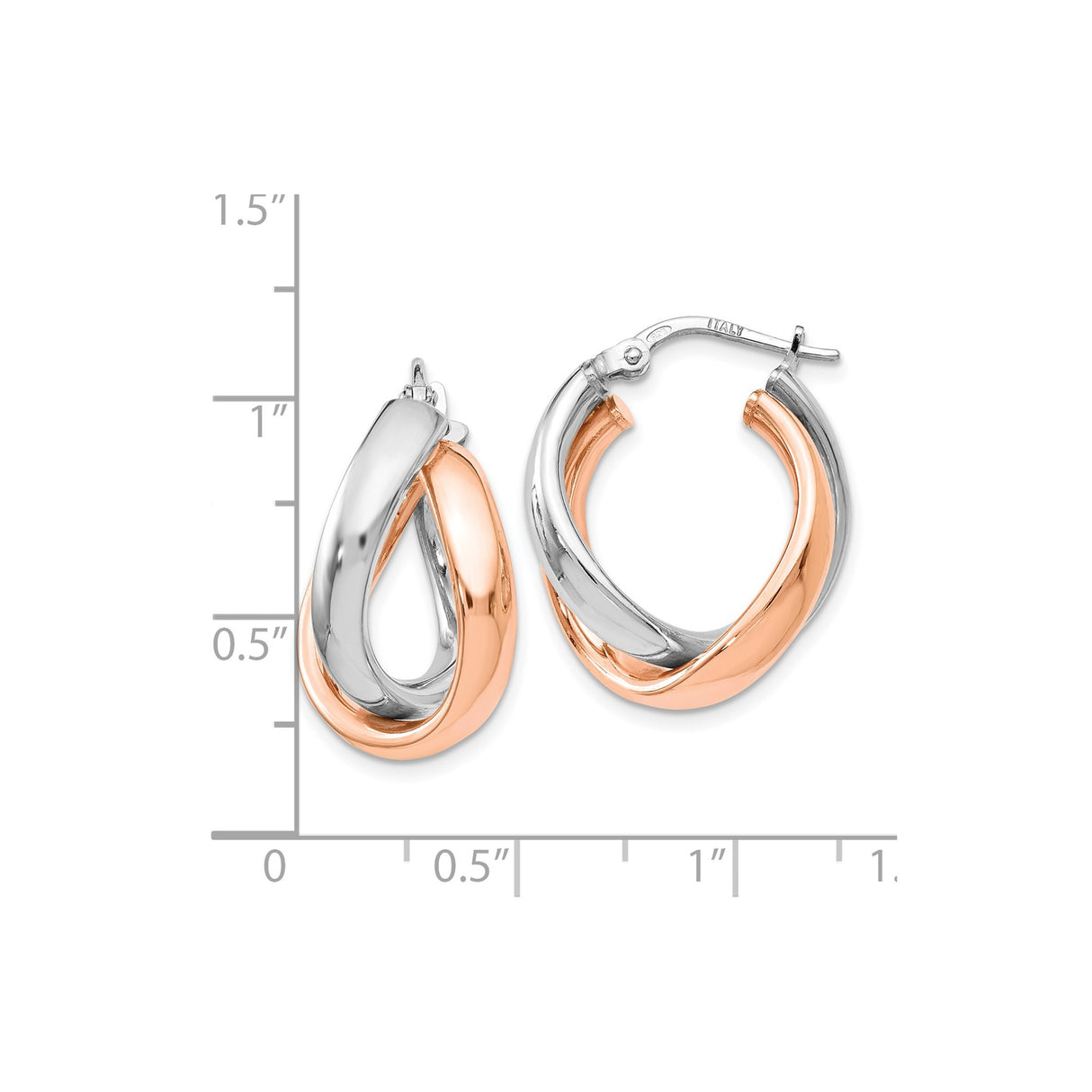 Sterling Silver Hoop Earrings with Two Tone Twisted Bands, Rose Gold Plated Accents, Modern Style