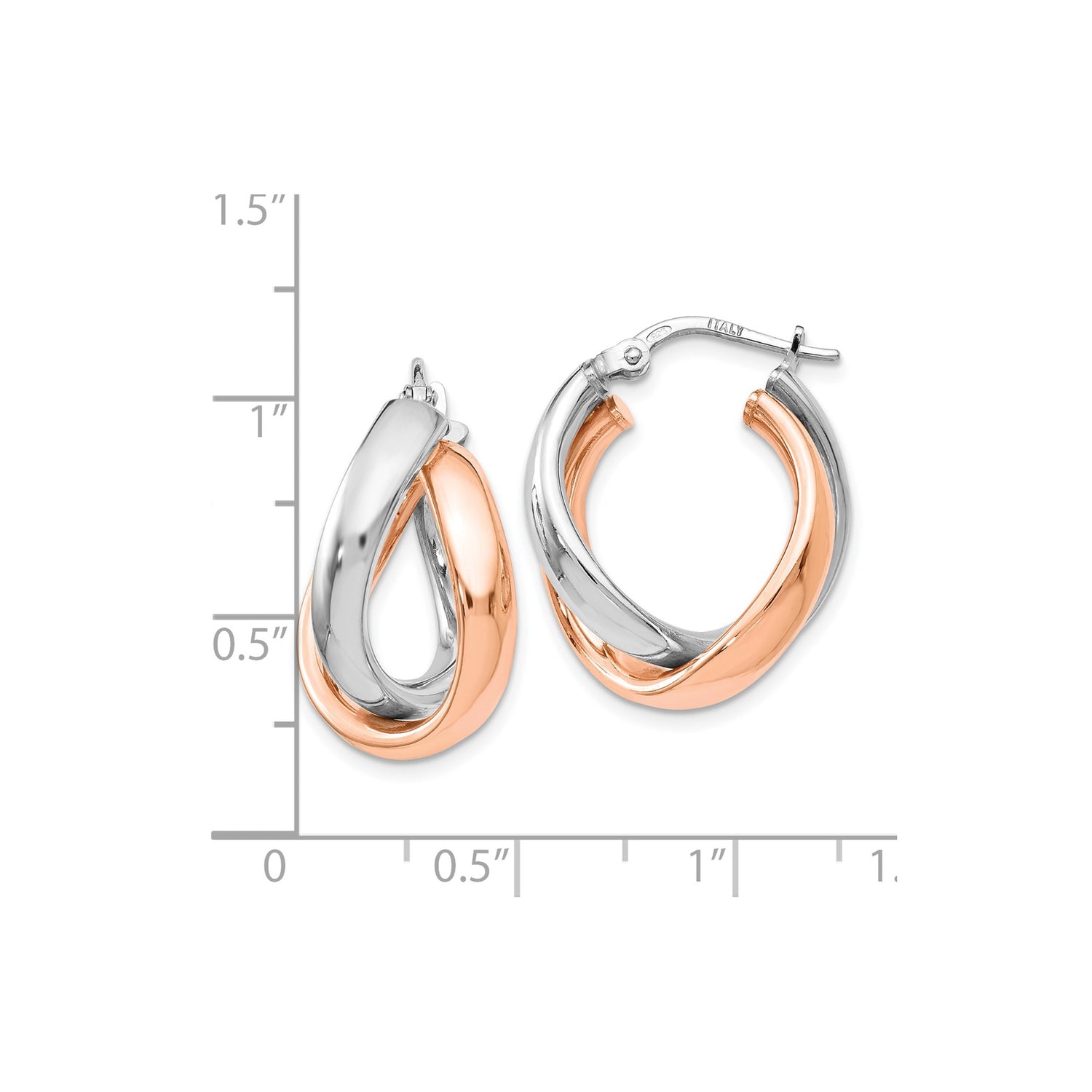 Sterling Silver Hoop Earrings with Two Tone Twisted Bands, Rose Gold Plated Accents, Modern Style