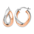 Sterling Silver Hoop Earrings with Two Tone Twisted Bands, Rose Gold Plated Accents, Modern Style