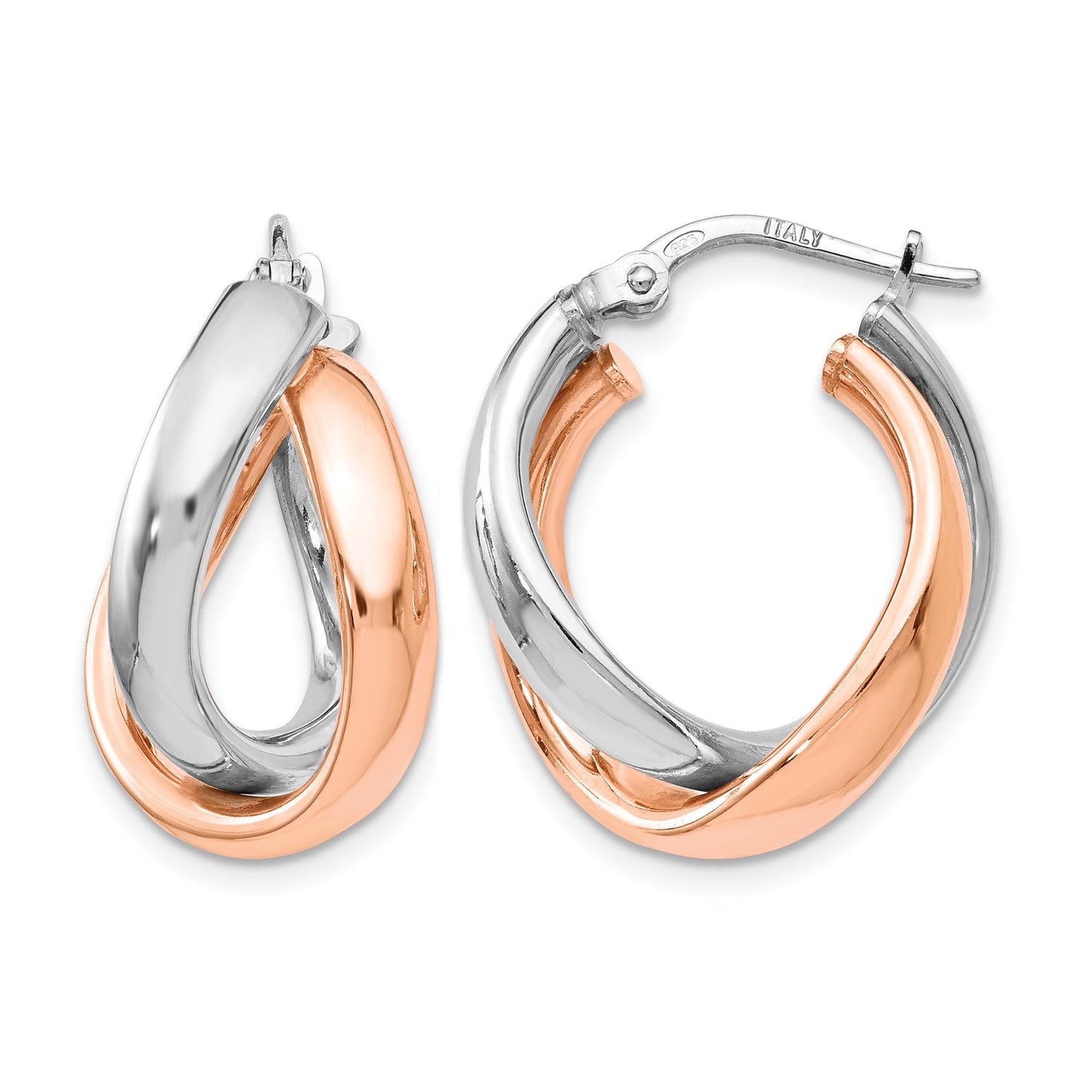 Sterling Silver Hoop Earrings with Two Tone Twisted Bands, Rose Gold Plated Accents, Modern Style