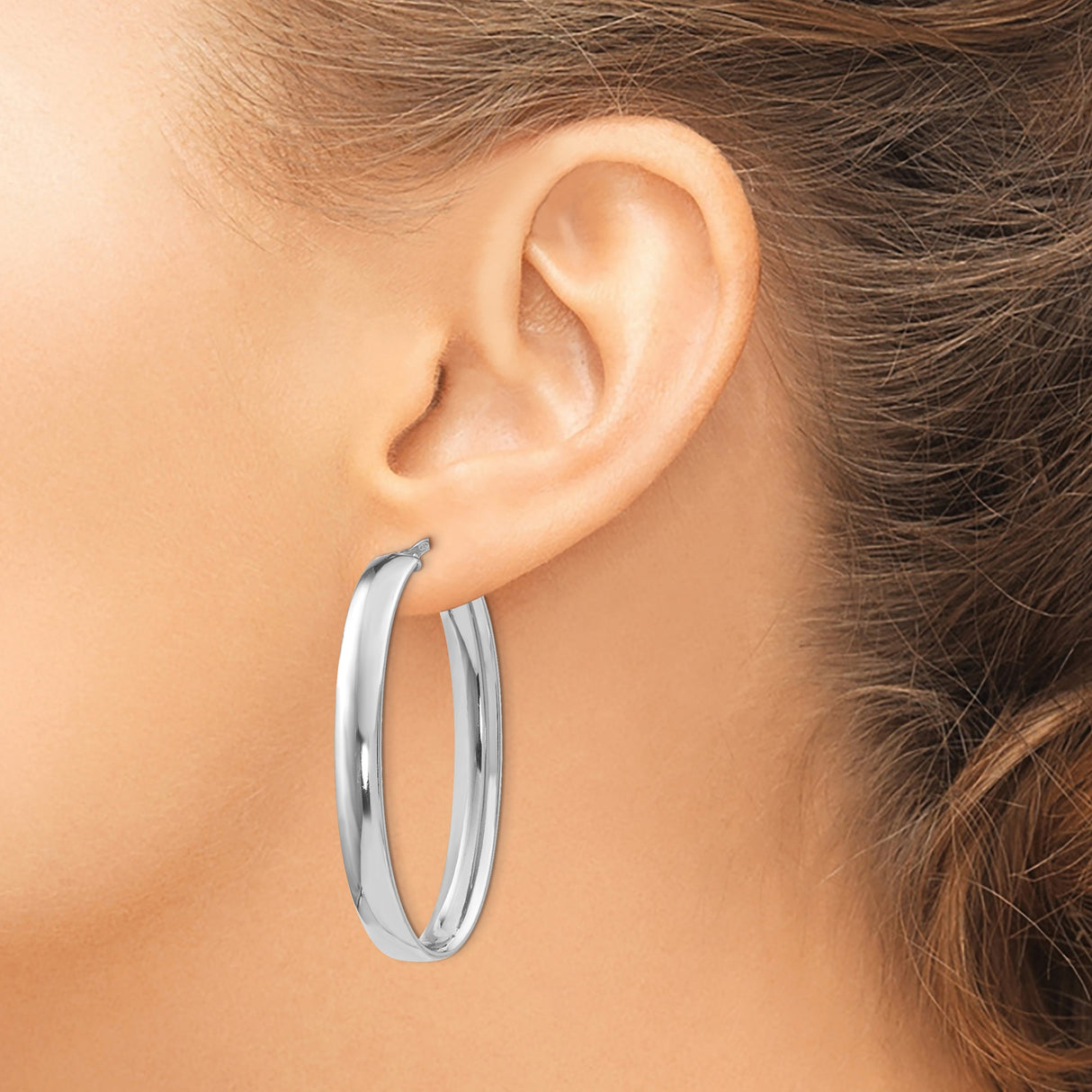 Sterling Silver Oval Hoop Earrings with Polished Finish and Hinged Design for Women