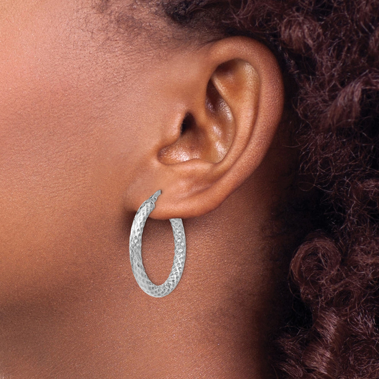 Sterling Silver Hoop Earrings, Diamond Cut Textured Faceted Design, Polished Medium Style