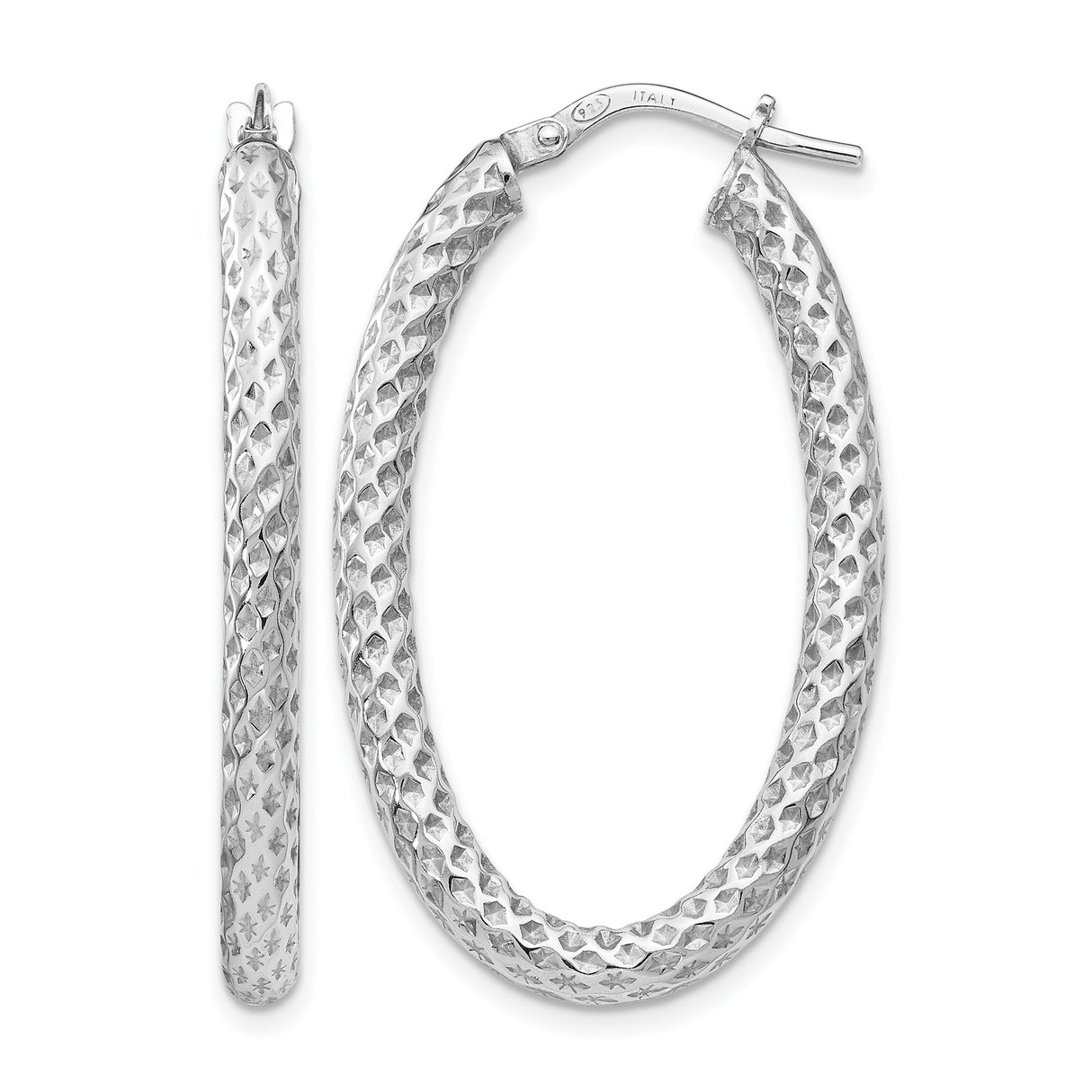 Sterling Silver Oval Hoop Earrings, Textured Diamond Cut, Lightweight Modern Style for Women