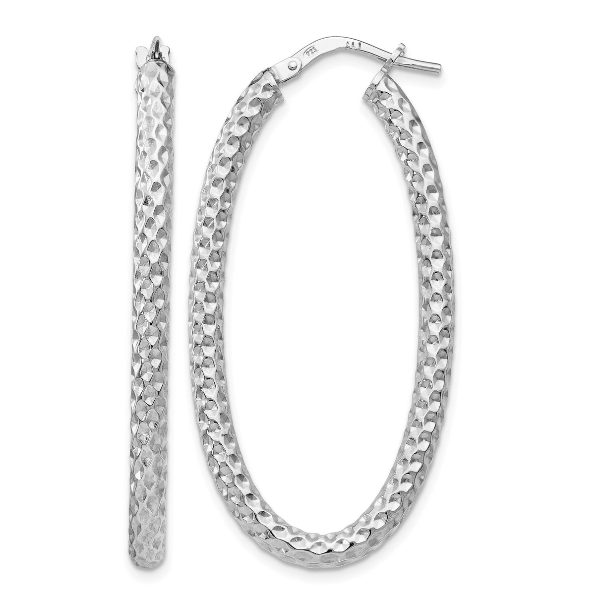 Sterling Silver Oval Hoop Earrings with Hammered Texture, Lightweight Modern Design