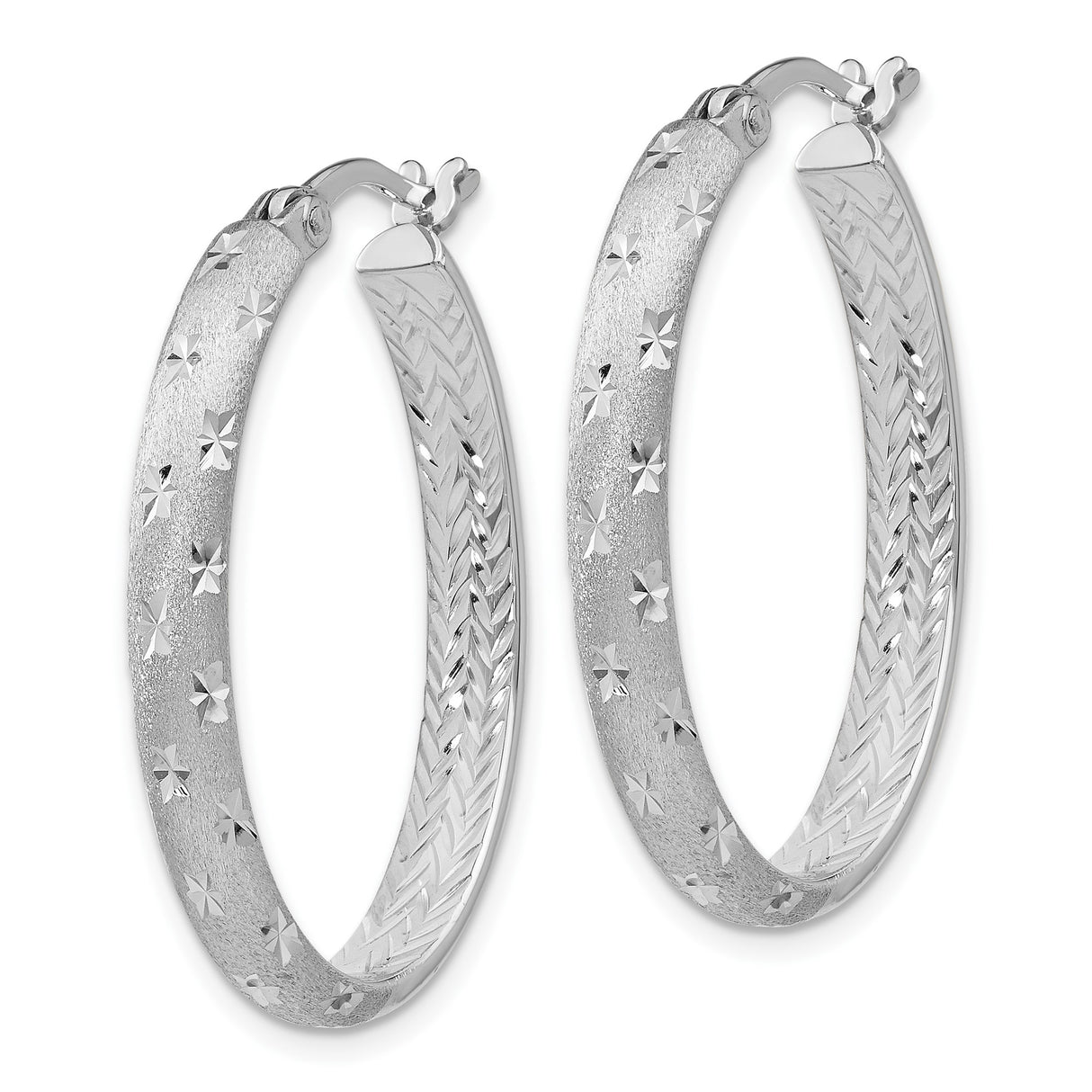 Sterling Silver Oval Hoop Earrings with Textured Star Pattern and Diamond Cut Detail