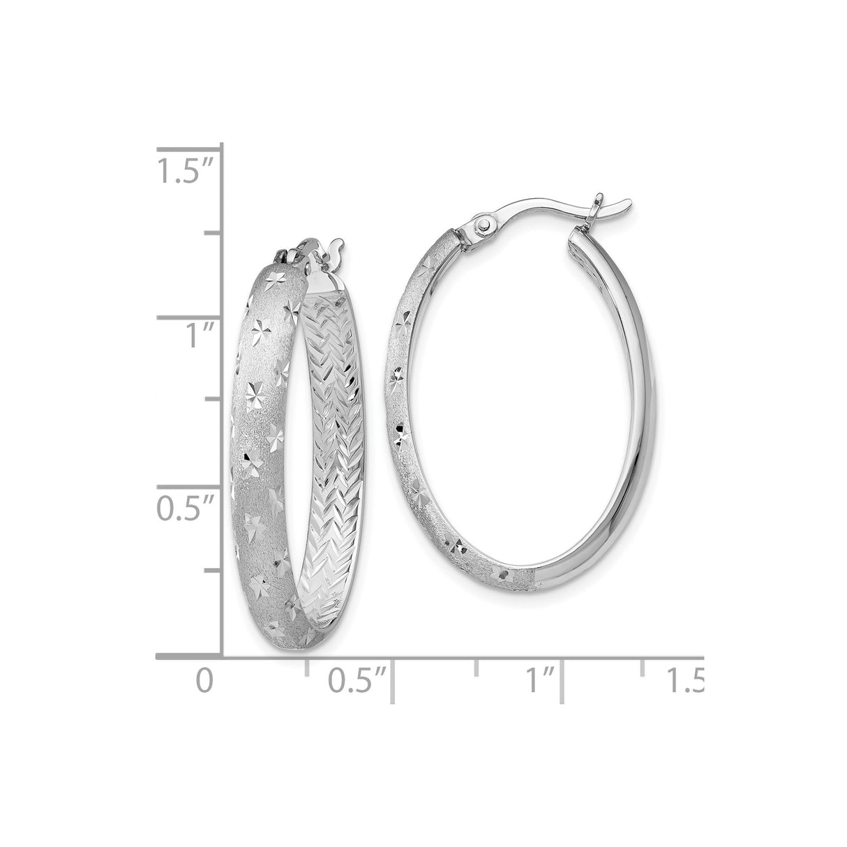 Sterling Silver Oval Hoop Earrings with Textured Star Pattern and Diamond Cut Detail