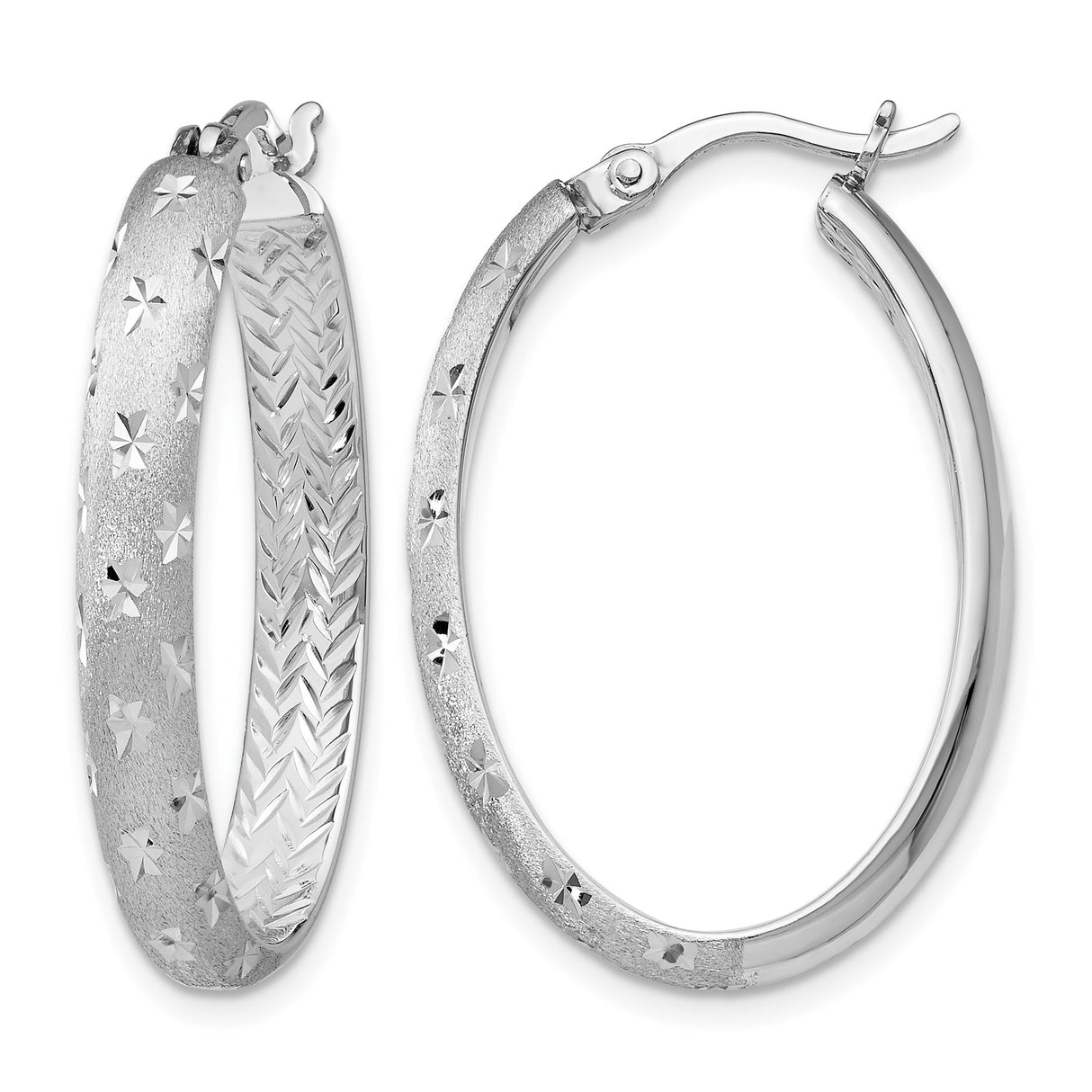 Sterling Silver Oval Hoop Earrings with Textured Star Pattern and Diamond Cut Detail