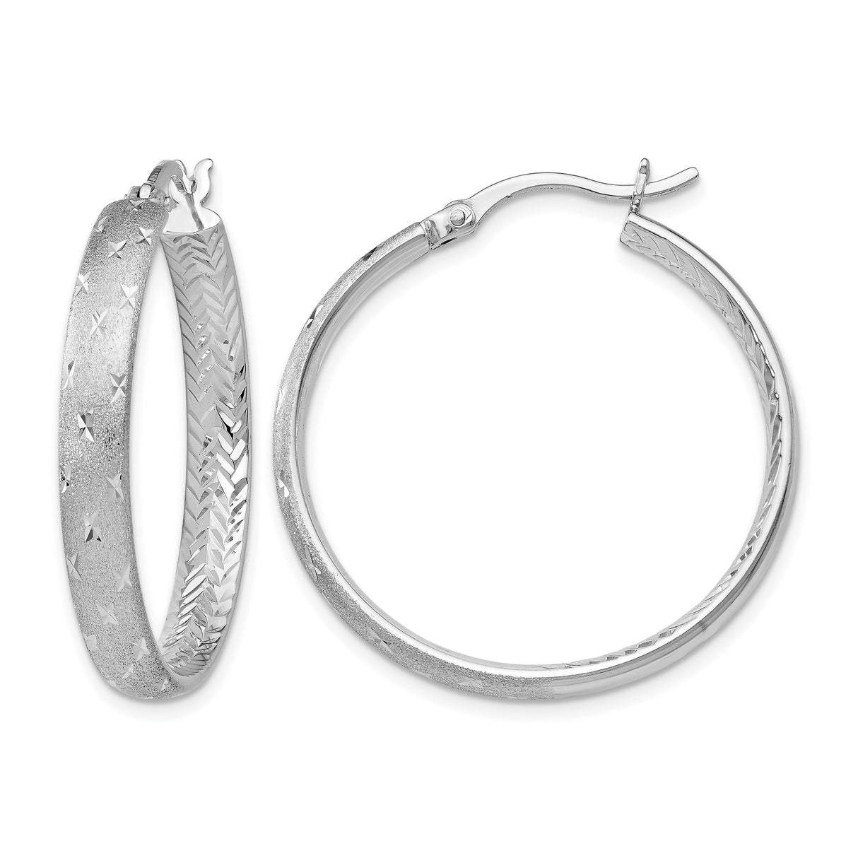 Sterling Silver Hoop Earrings with Diamond-Cut Chevron and Star Pattern