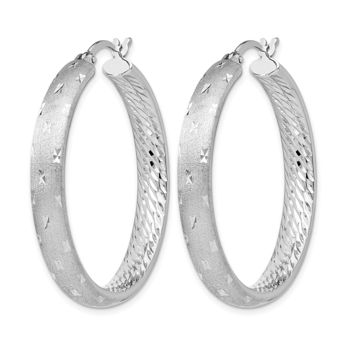Sterling Silver Hoop Earrings with Textured Matte Finish and Diamond Cut Star Accents