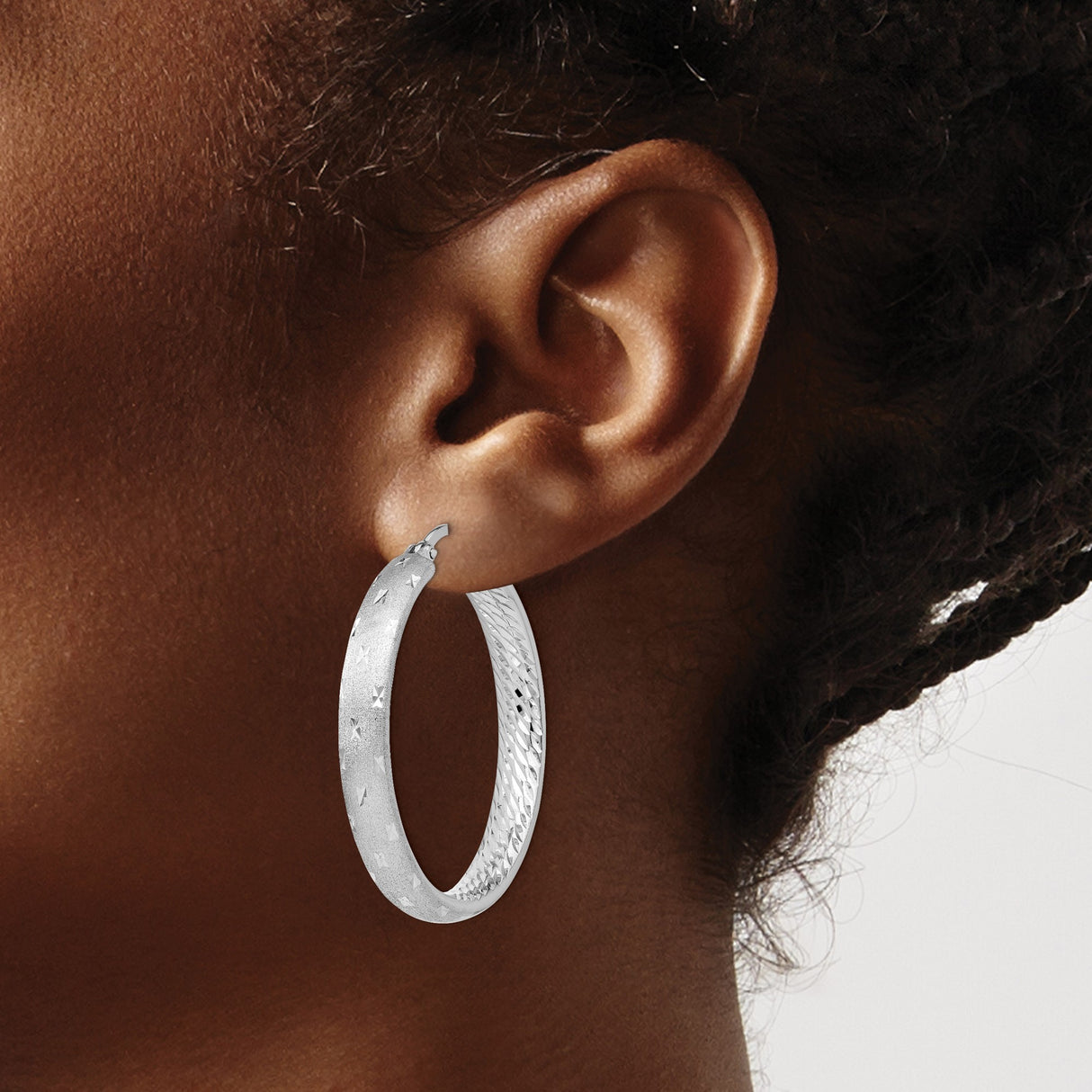 Sterling Silver Hoop Earrings with Textured Matte Finish and Diamond Cut Star Accents