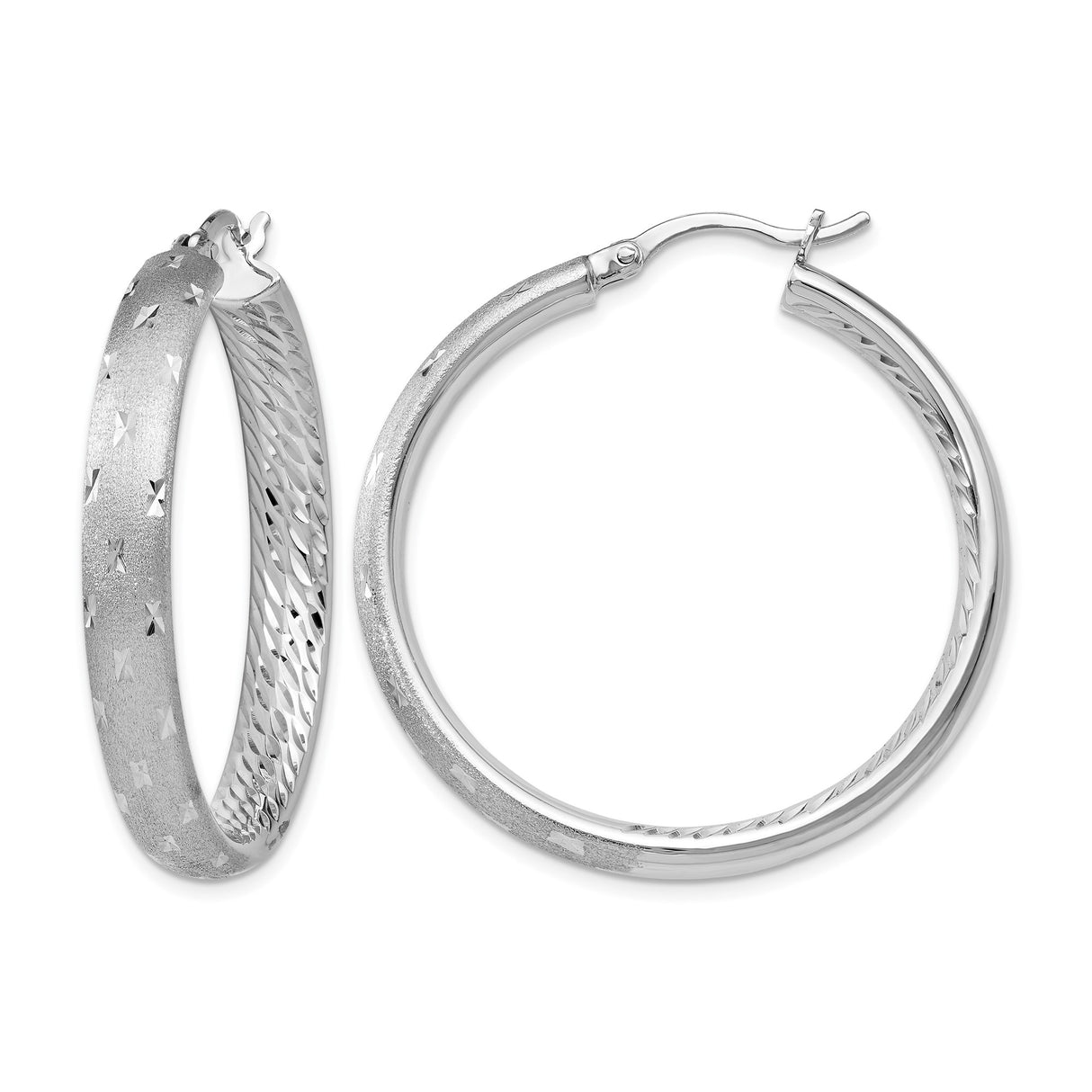 Sterling Silver Hoop Earrings with Textured Matte Finish and Diamond Cut Star Accents