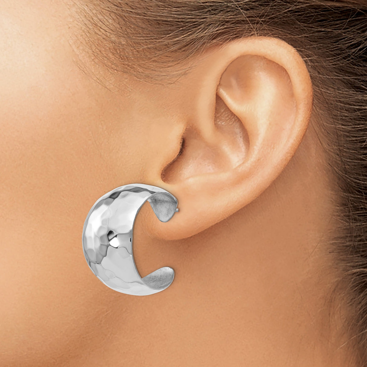 Sterling Silver Hoop Earrings, Hammered Wide Domed Design with Polished Finish