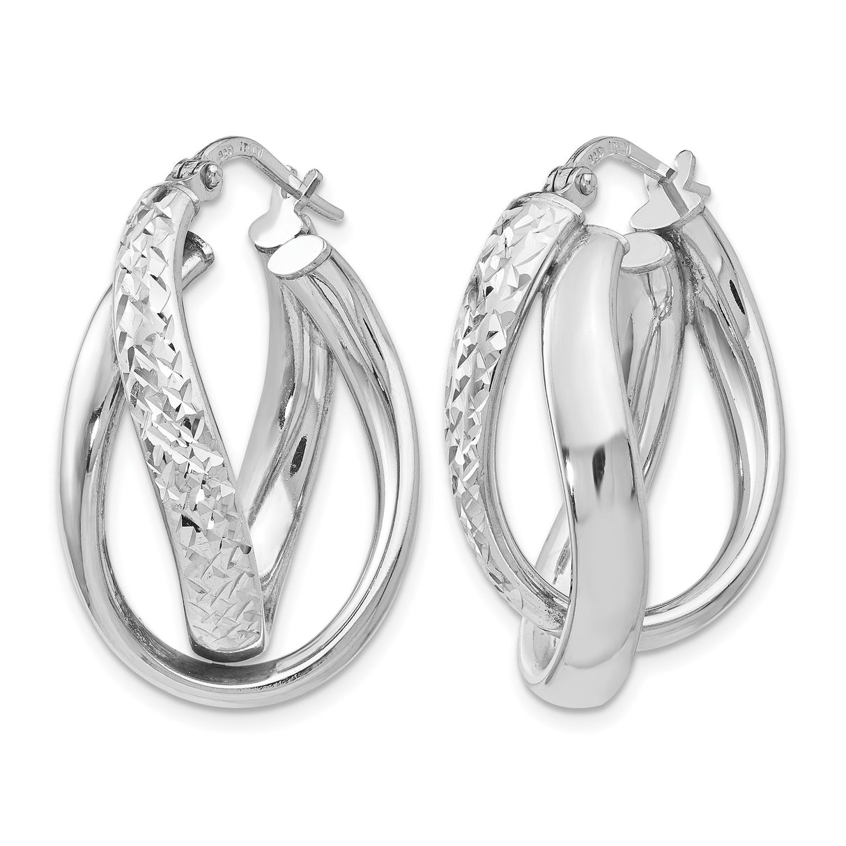 Sterling Silver Twisted Hoop Earrings with Diamond Cut Textured Design, Polished Finish