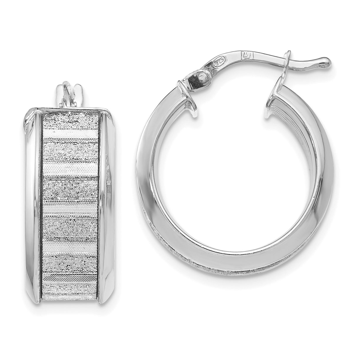 Sterling Silver Hoop Earrings, Wide Band with Brushed and Glitter Accents