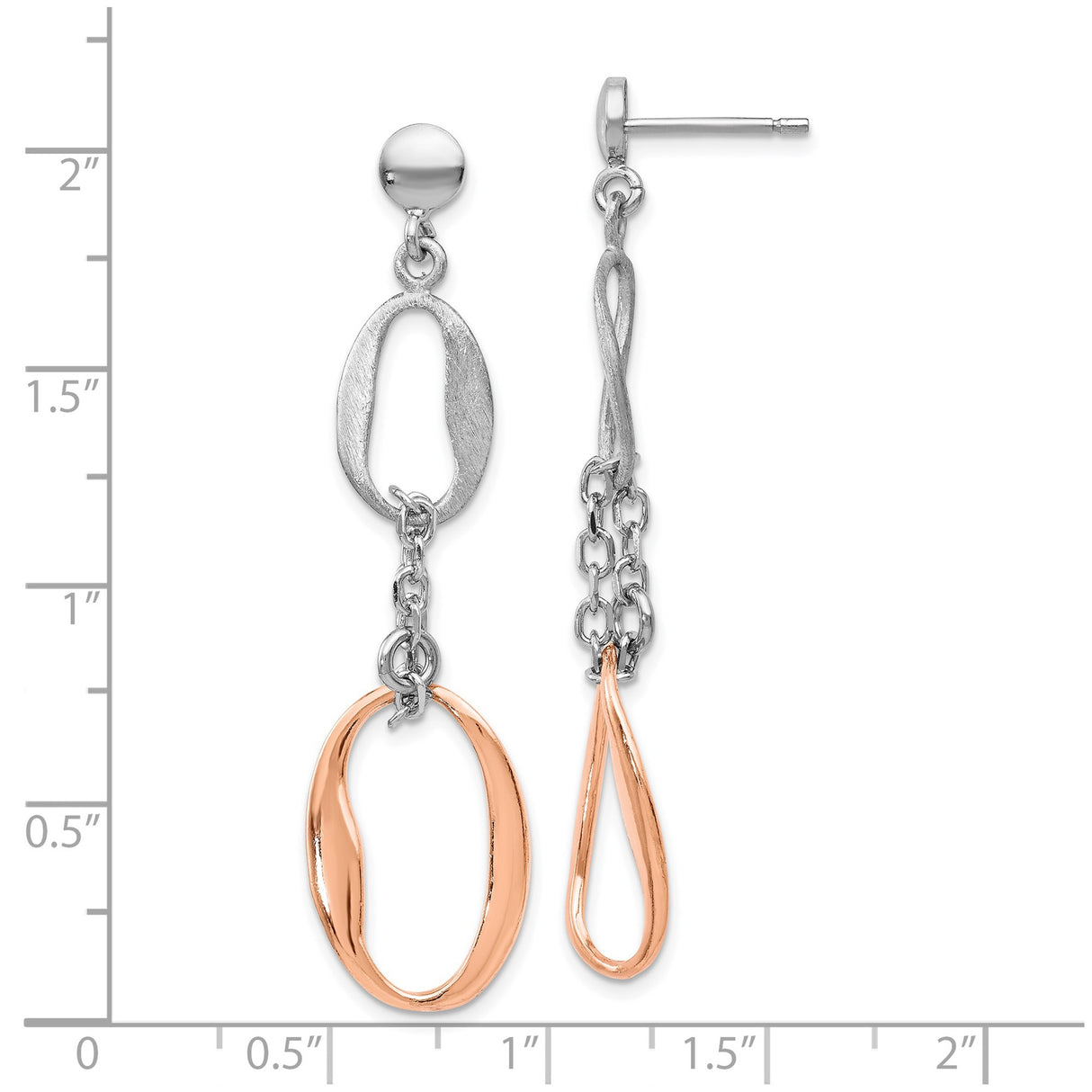 Sterling Silver Dangle Earrings with Rose Gold Accents, Asymmetrical Oval and Teardrop Design