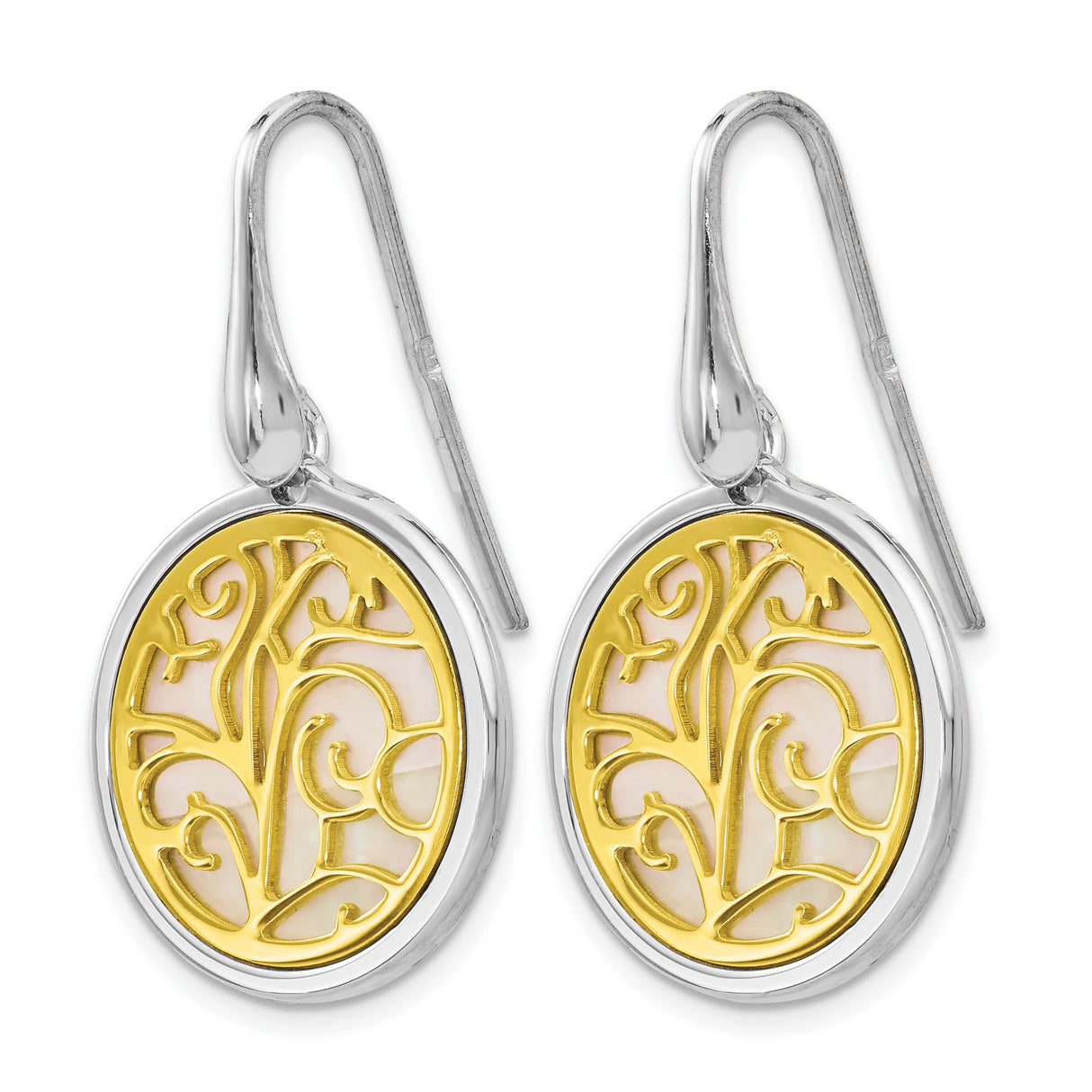 Sterling Silver Dangle Earrings with Tree of Life over Mother of Pearl Inlay, Round Drop Design