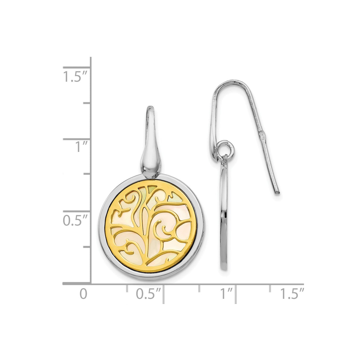 Sterling Silver Dangle Earrings with Tree of Life over Mother of Pearl Inlay, Round Drop Design