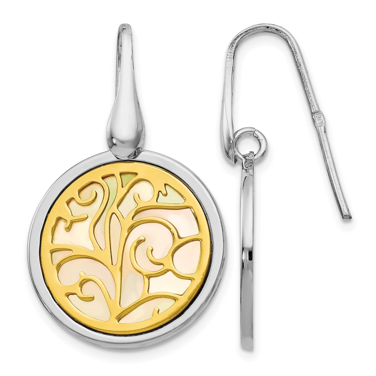 Sterling Silver Dangle Earrings with Tree of Life over Mother of Pearl Inlay, Round Drop Design