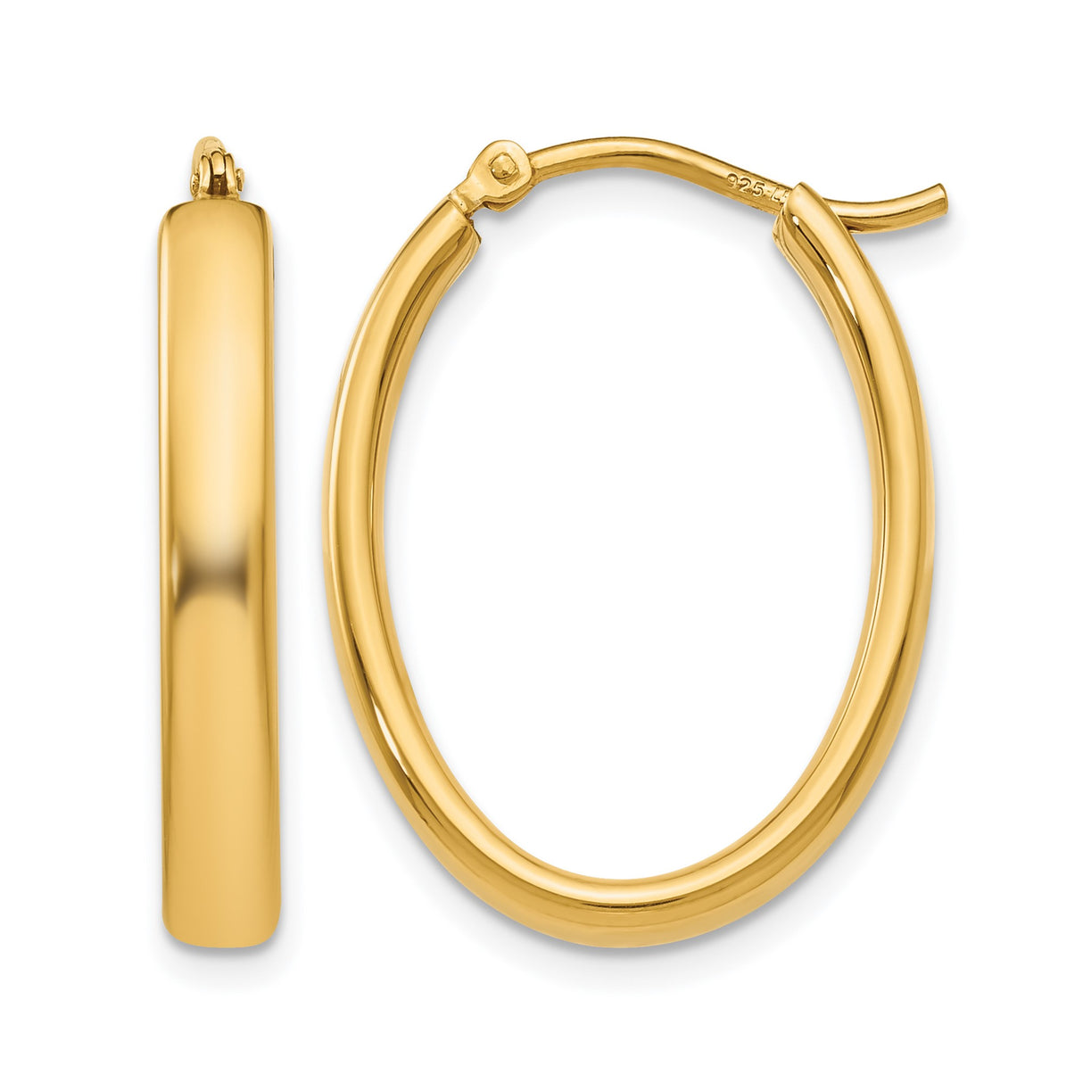 Sterling Silver Oval Hoop Earrings, Gold Plated with Smooth Polished Finish, Minimalist Design
