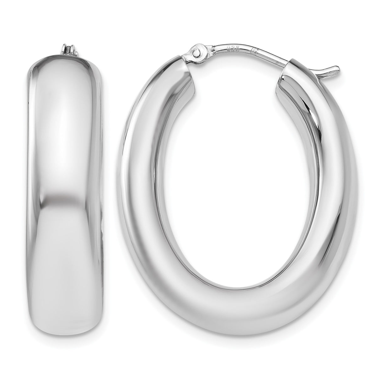 Sterling Silver Oval Hoop Earrings with High Polish Finish and Hinged Back for Women
