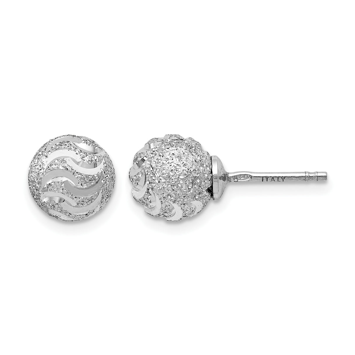 Sterling Silver Ball Stud Earrings with Textured Pave and Polished Wave Design