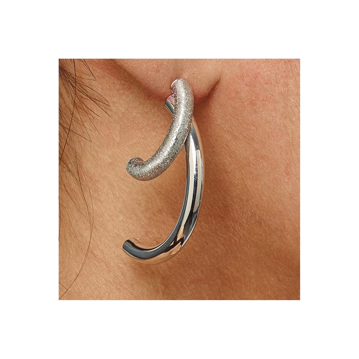 Sterling Silver Hoop Earrings, Medium Satin Polished Textured Round Design for Women