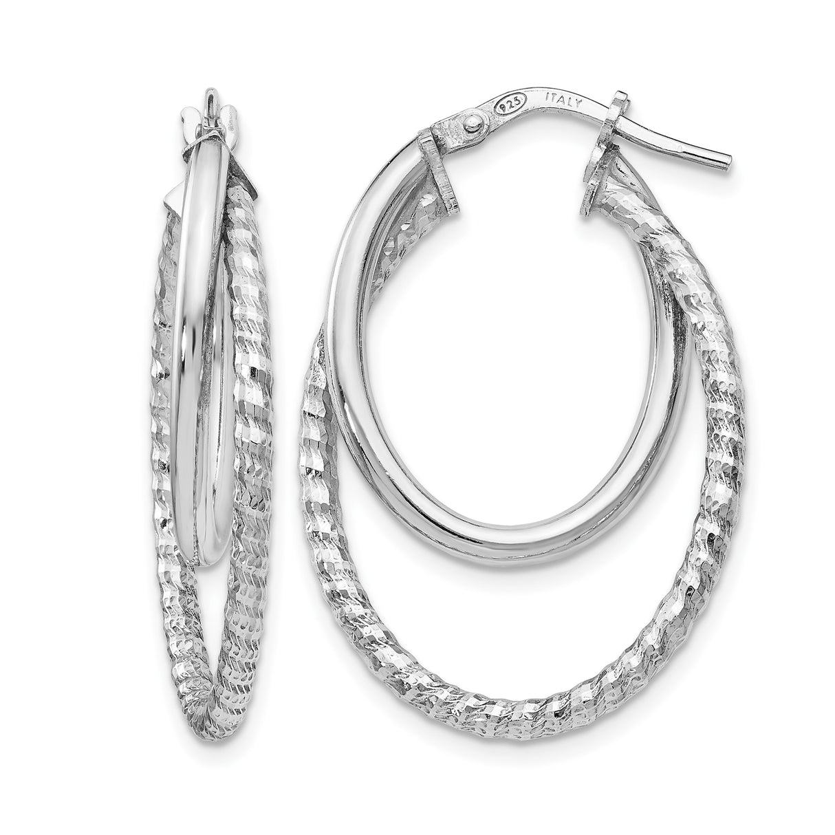 Sterling Silver Double Hoop Earrings, Twisted and Textured Oval Design, Lightweight Finish