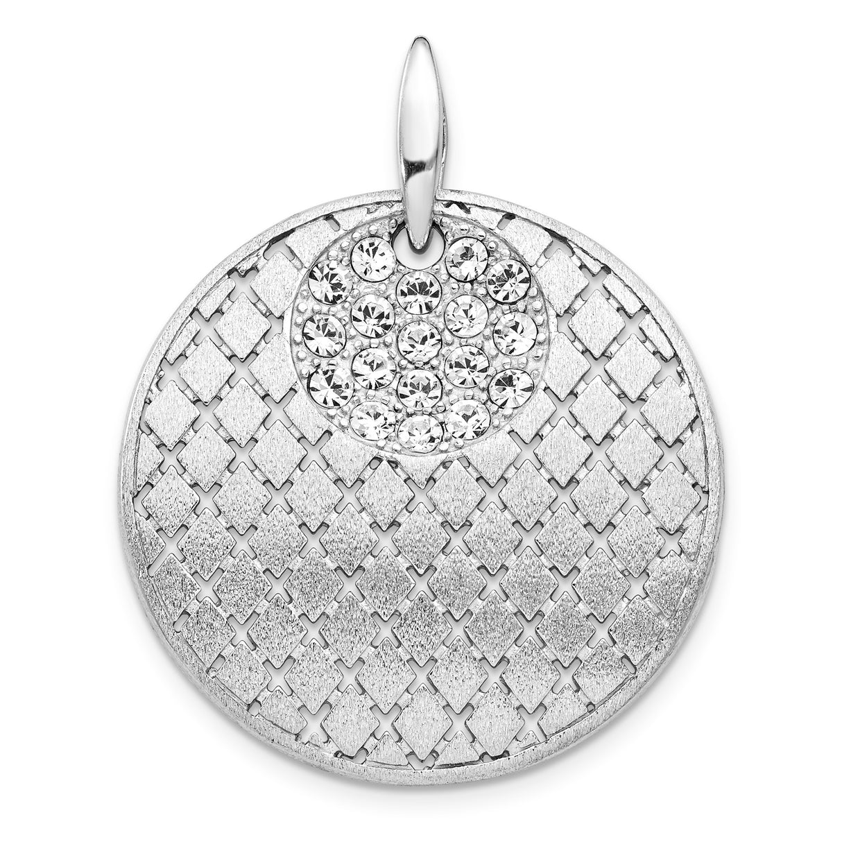Sterling Silver Pendant with Crystal Accent, Textured Round Lattice Design, Brushed Finish