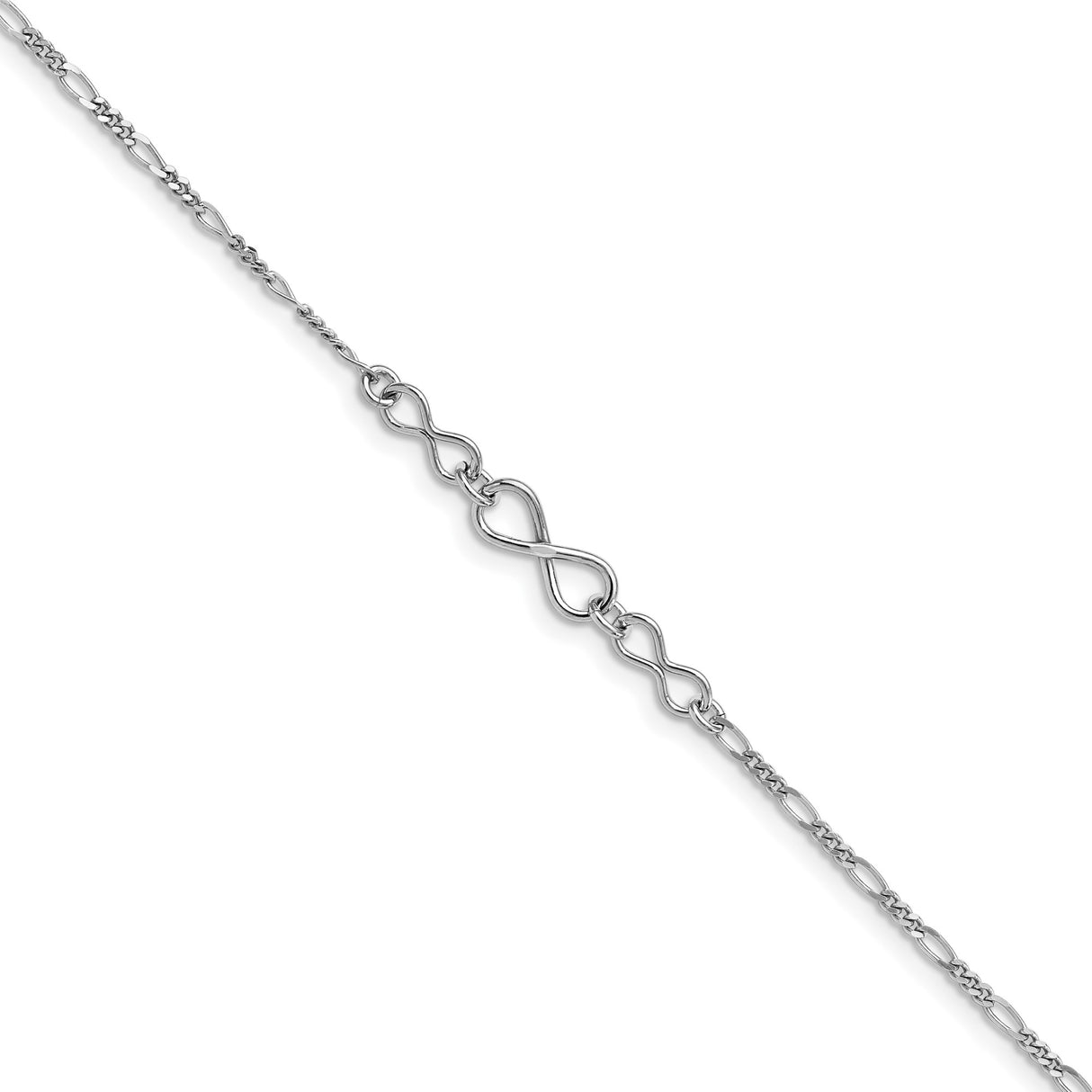 925 White Gold 2 mm Figaro Chain Anklet, Polished detail view