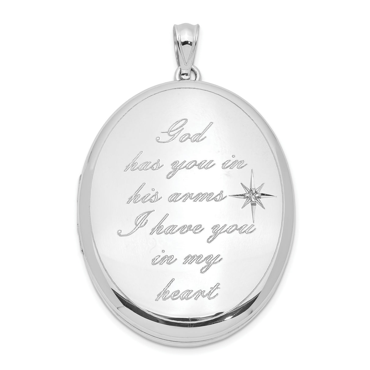 Sterling Silver Oval Locket Pendant, God Has You in His Arms Message, Starburst Design, Christian Memorial