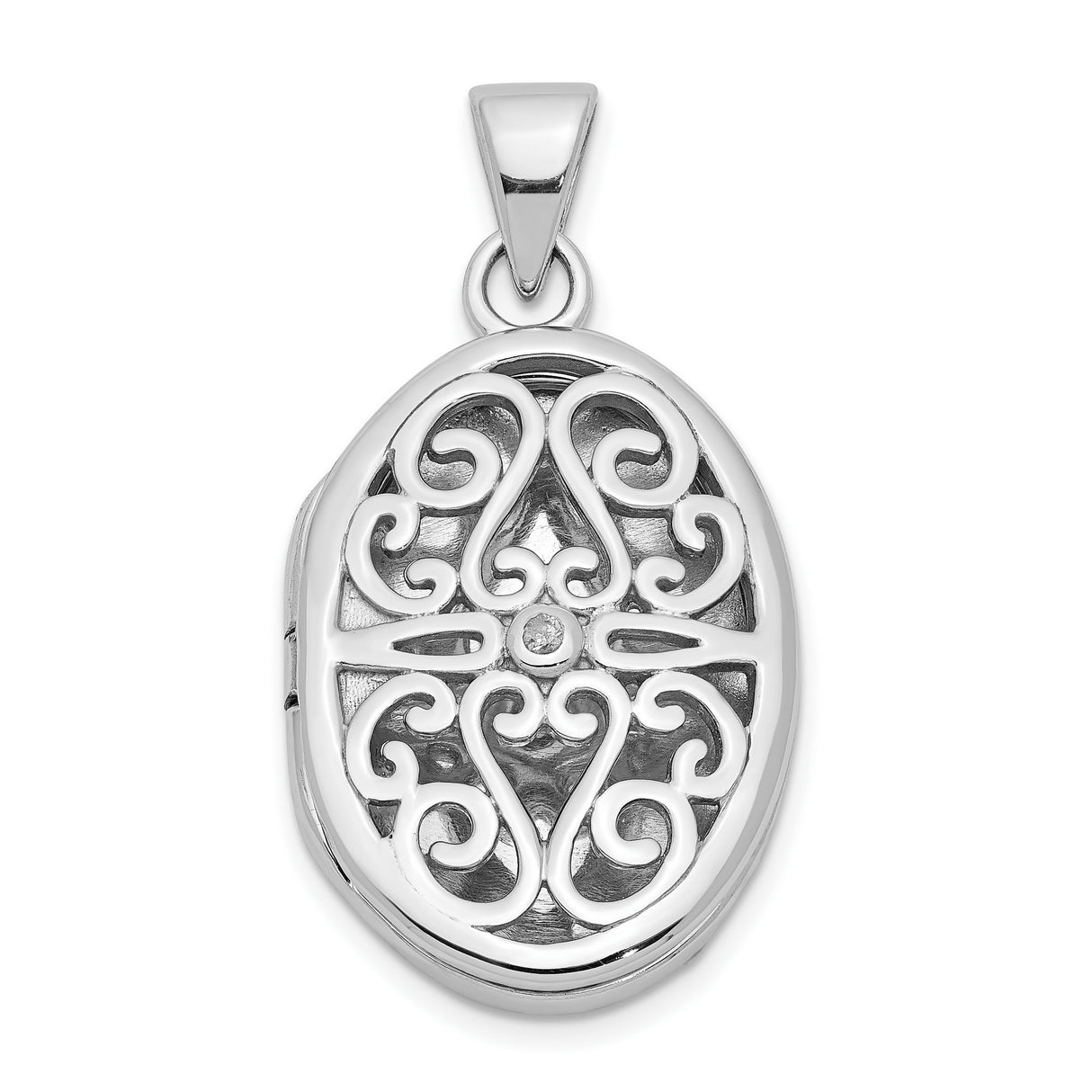 Sterling Silver Oval Locket Pendant with Diamond Accent, Vintage Filigree Photo Keepsake