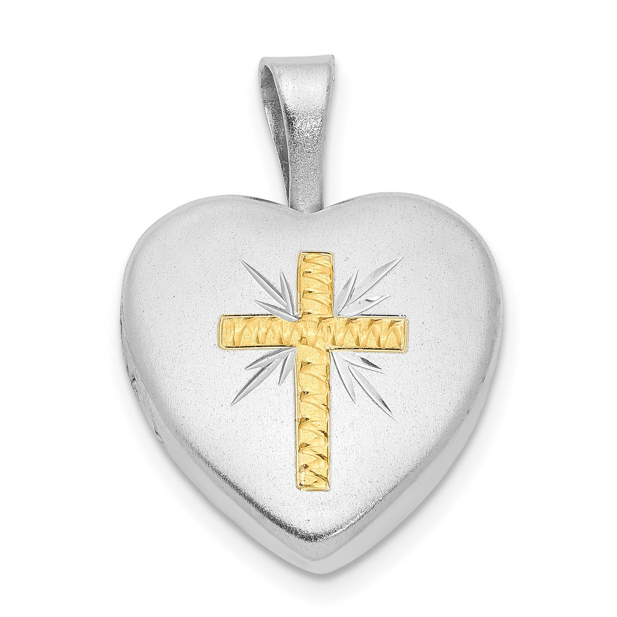 Satin and Diamond-Cut Cross Heart Locket Charm Pendant in Real 925 Sterling Silver
