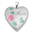 Sterling Silver Heart Locket Pendant with Pink Rose and Mom Text, Floral Keepsake Jewelry for Women