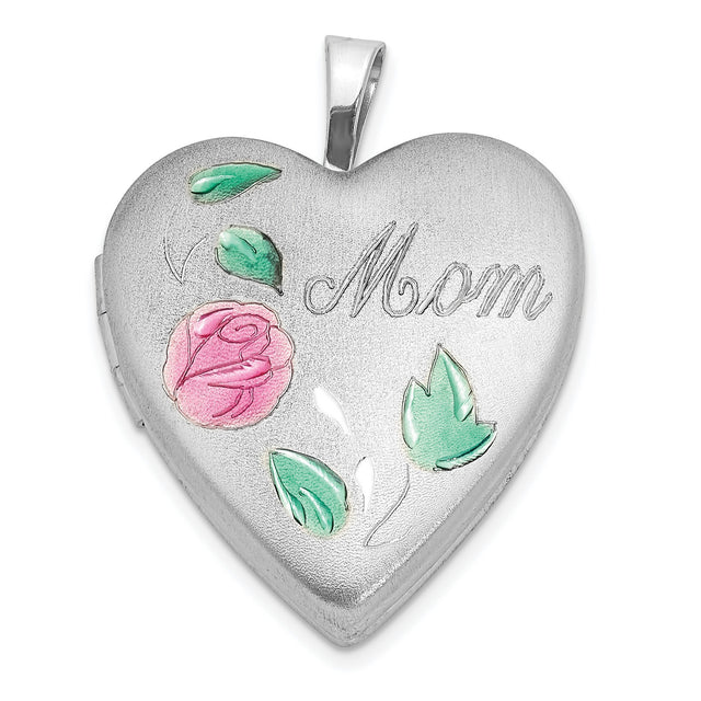 Sterling Silver Heart Locket Pendant with Pink Rose and Mom Text, Floral Keepsake Jewelry for Women