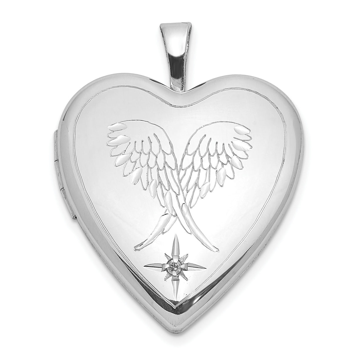 Sterling Silver Heart Locket Pendant with Diamond, Angel Wings and Starburst Design