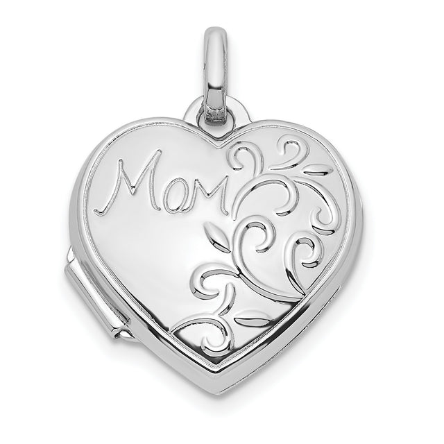 Sterling Silver Heart Locket Pendant with Mom and Floral Scrollwork Design