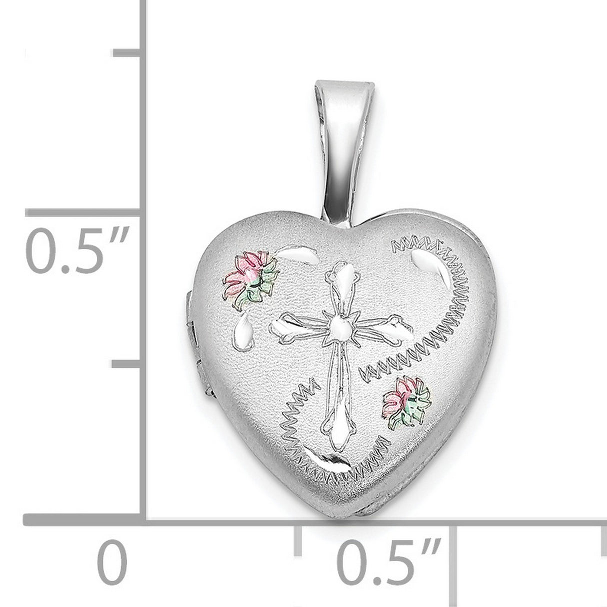 Sterling Silver Cross Pendant with Heart Locket, Floral Accents, Raised Edge Design