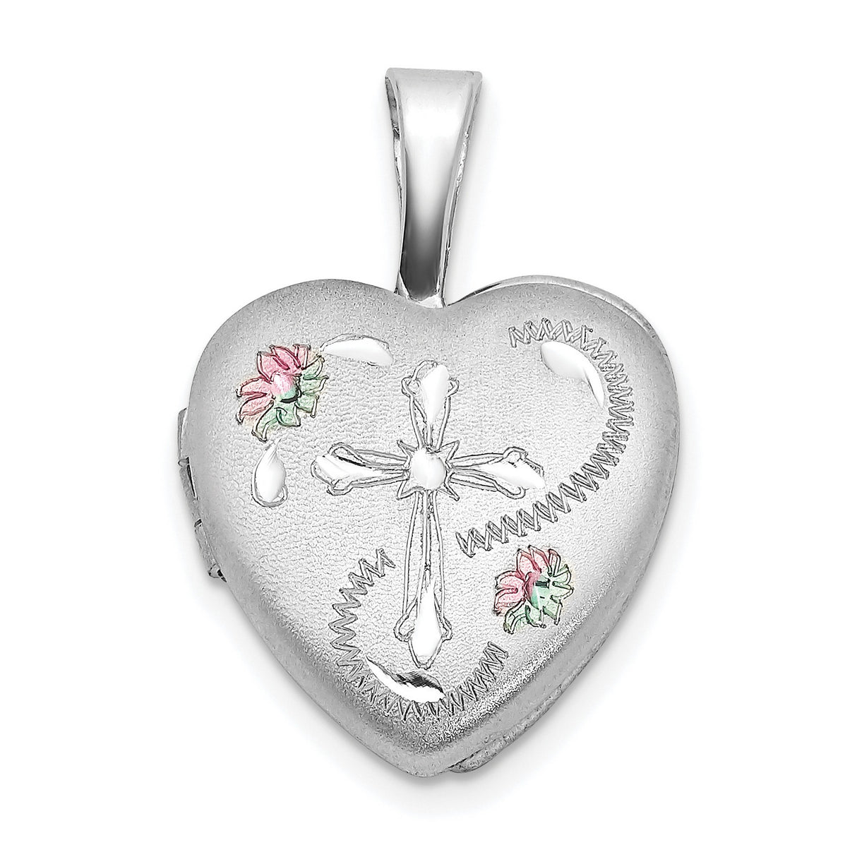 Sterling Silver Cross Pendant with Heart Locket, Floral Accents, Raised Edge Design