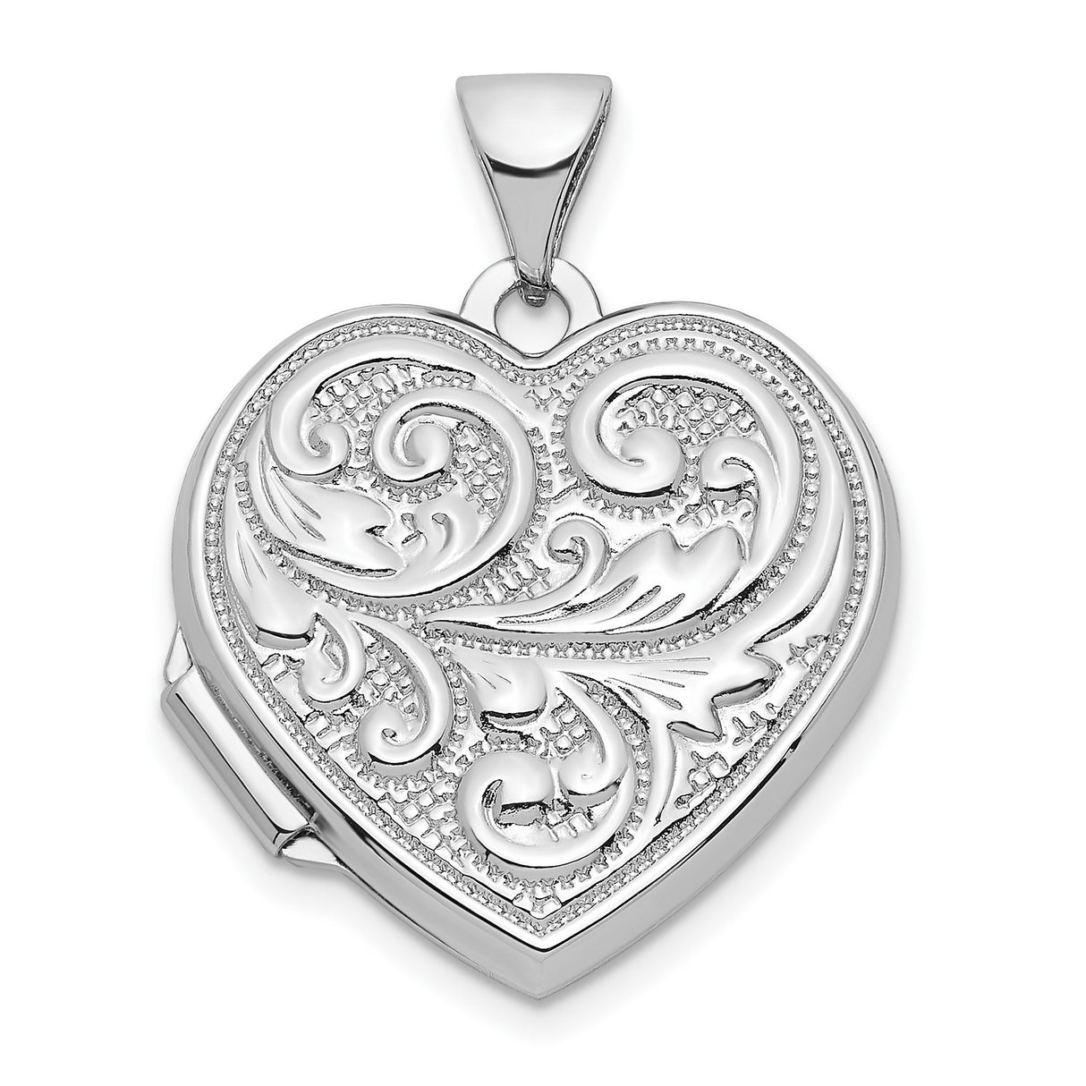 Sterling Silver Heart Locket Pendant with Scrollwork Engraving and Floral Design for Women