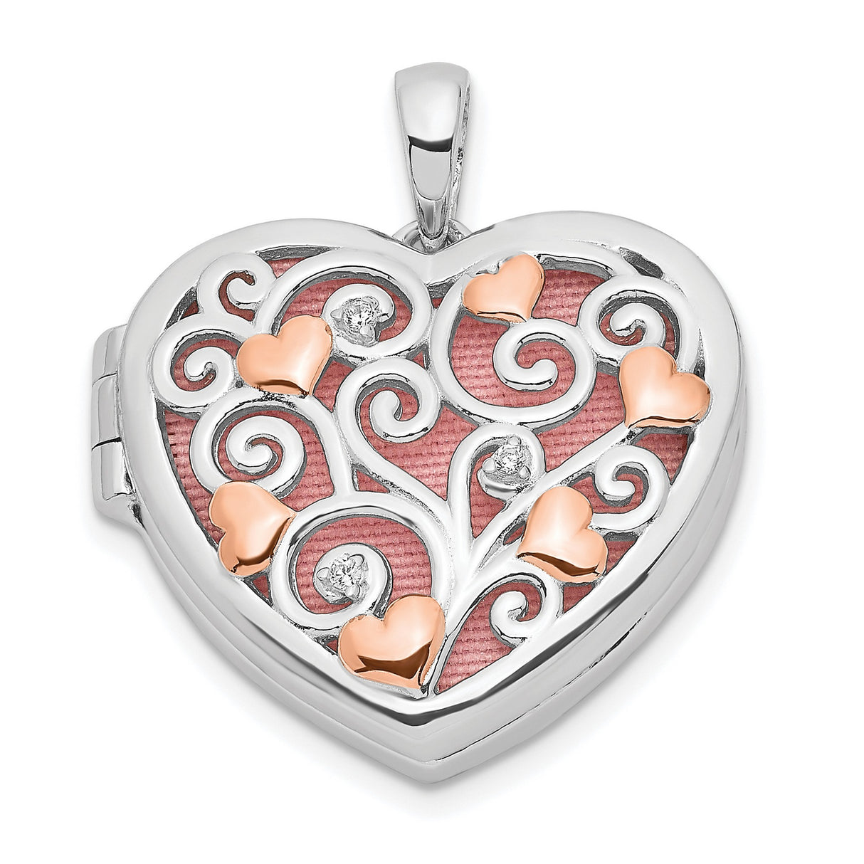 Sterling Silver Heart Locket Pendant with Cubic Zirconia and Rose Gold-Tone Accents
