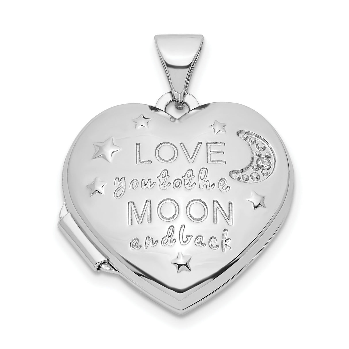 Sterling Silver Heart Locket Pendant with Cubic Zirconia, Moon and Stars Design, Romantic Jewelry