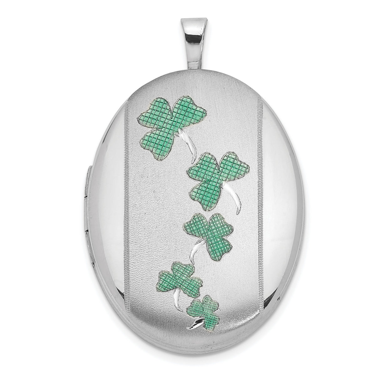 Sterling Silver Oval Locket Pendant with Green Enameled Four-Leaf Clover, Irish Heritage Design