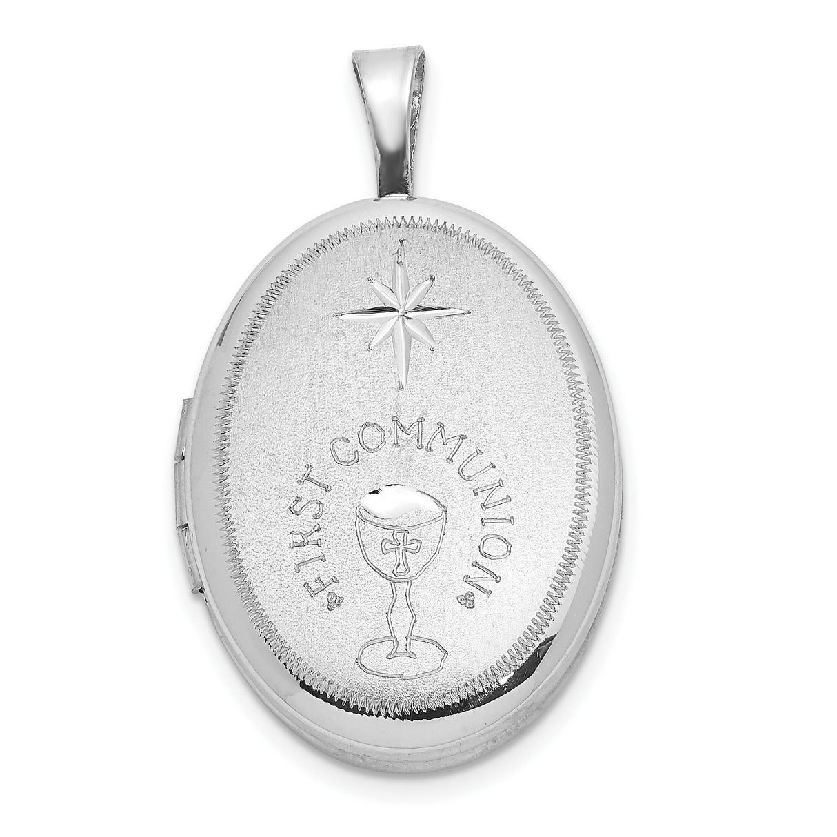 Sterling Silver Oval Communion Locket Pendant with Chalice, Cross, and Eight-Point Star