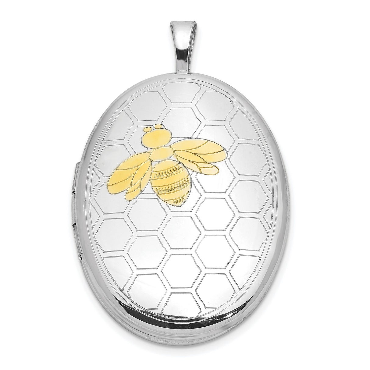 Sterling Silver Oval Locket Pendant with Gold Bee and Honeycomb Design