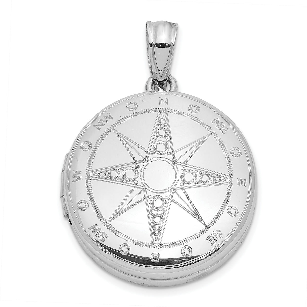 Sterling Silver Compass Locket Pendant with Nautical Star Engraving, Travel and Guidance Theme